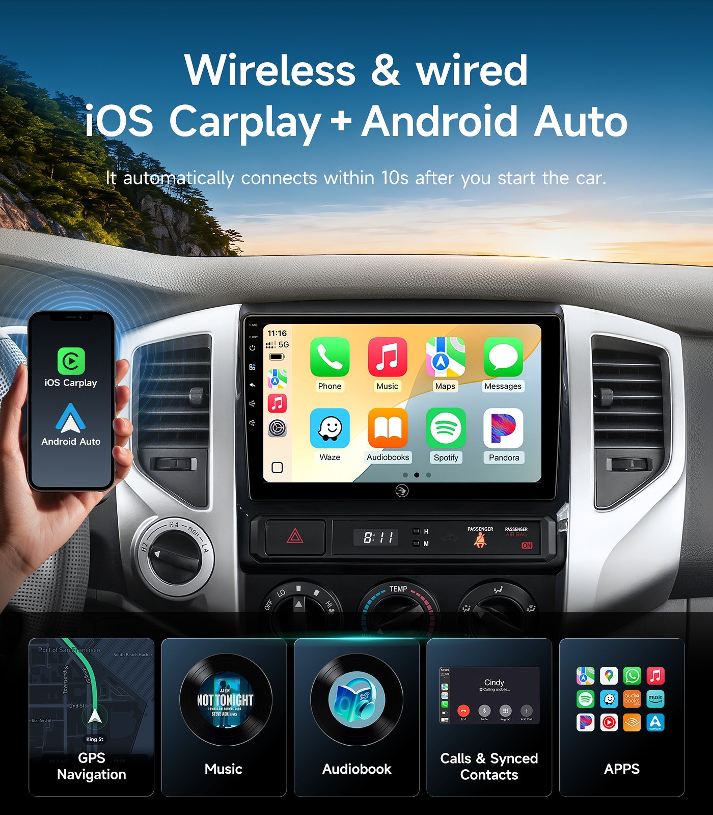 9" Android Car Radio Stereo for Toyota Tacoma 2005-2015 w/Wireless Car play and Wired Android Auto
