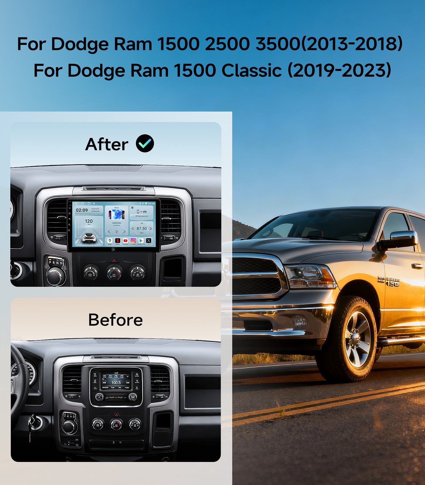 10.2" Car Radio Stereo for 2013-2018 Dodge Ram Pickup 1500 2500 3500 with Wireless Car play and Android Auto