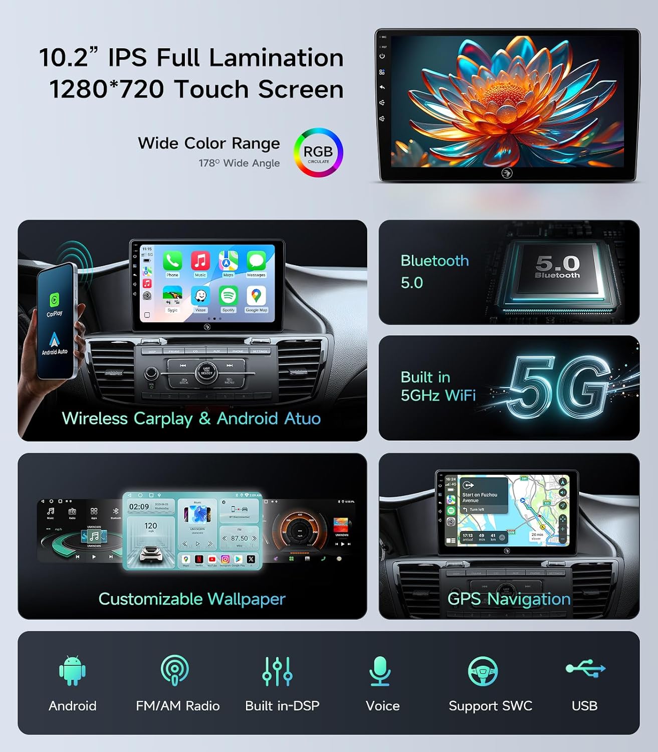 AINAVI 10.2" Touchscreen Car Stereo Upgrade for Honda Accord 9th 2013-2017