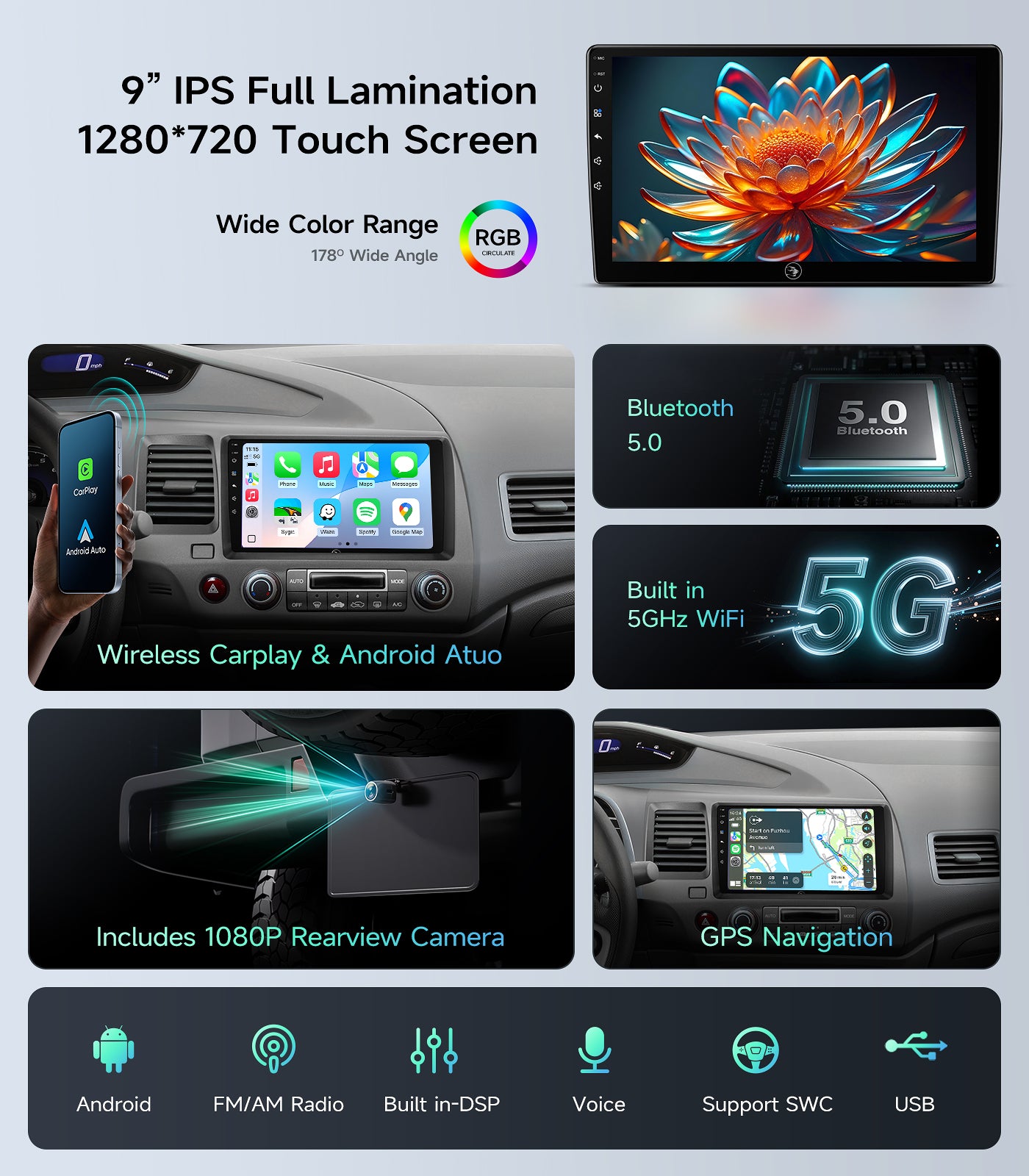 9" Android Car Radio Stereo for Honda Civic 2006-2011 Wireless Car play and Android Auto