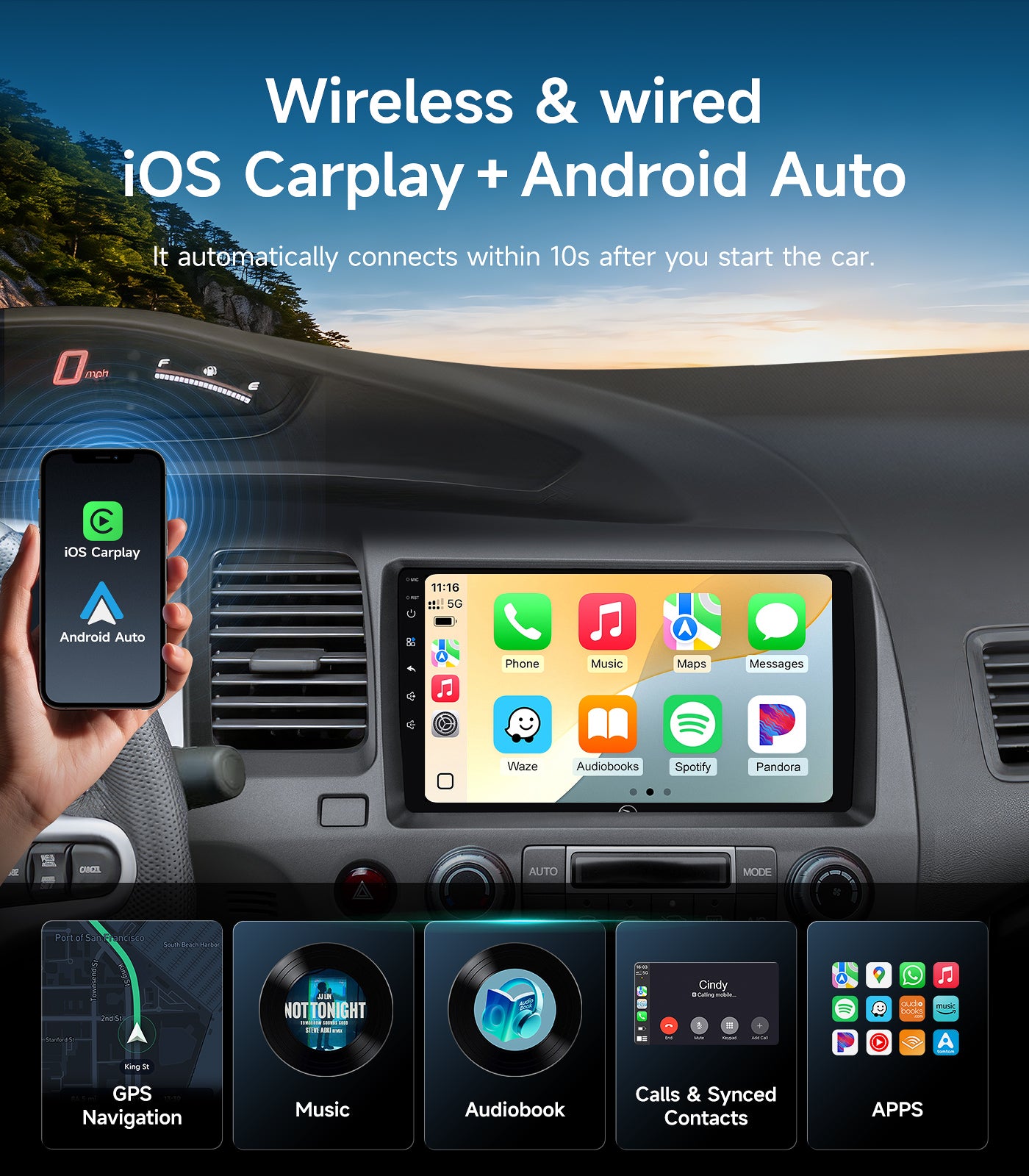 9" Android Car Radio Stereo for Honda Civic 2006-2011 Wireless Car play and Android Auto