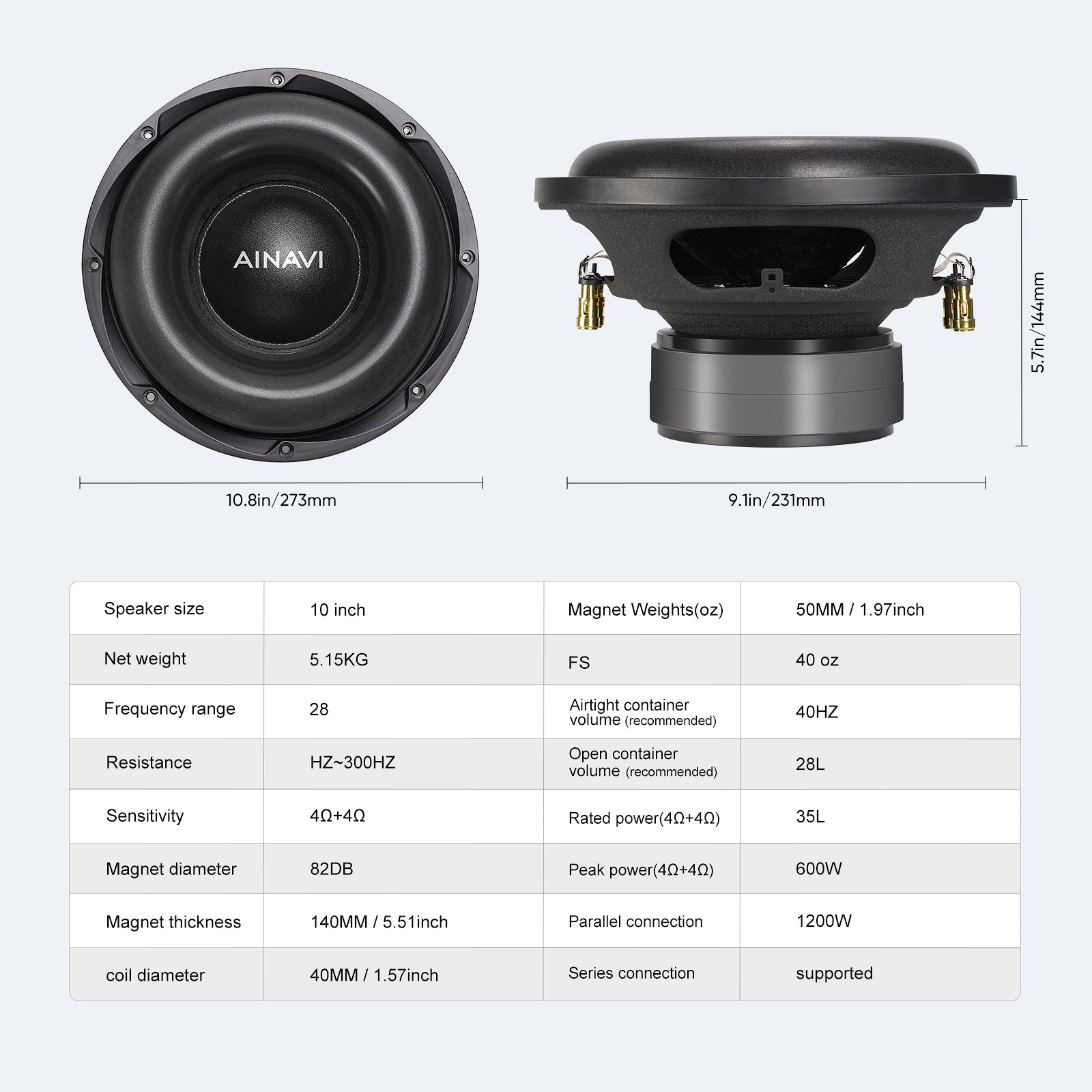 10 inch 1200W Max Power Car Audio Dual 4 Ohm Car Subwoofer