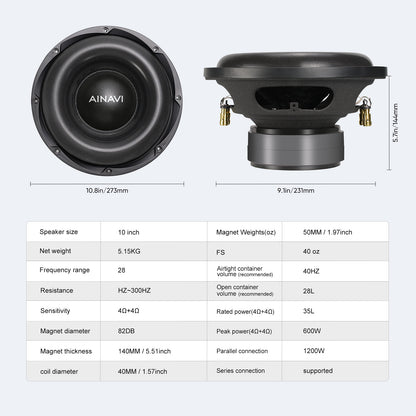 10 inch 1200W Max Power Car Audio Dual 4 Ohm Car Subwoofer