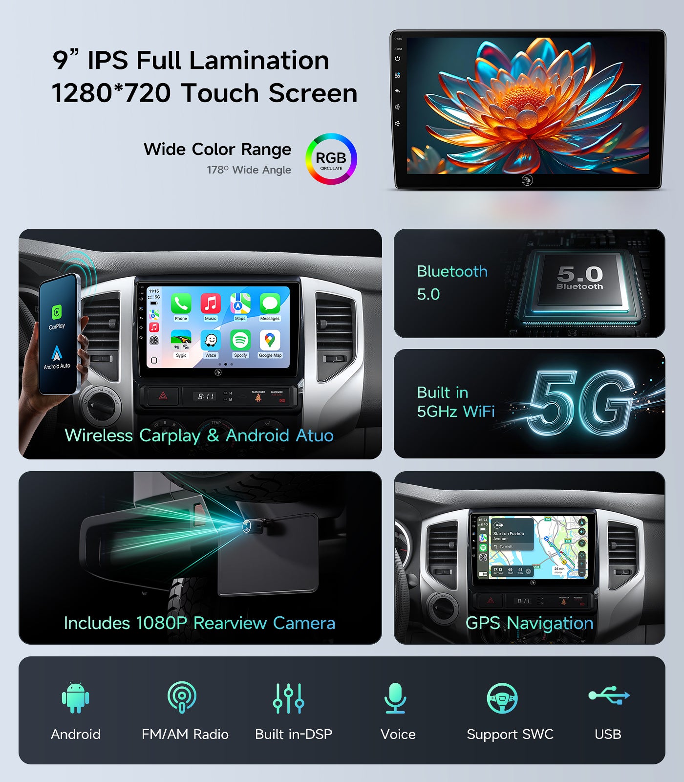 9" Android Car Radio Stereo for Toyota Tacoma 2005-2015 w/Wireless Car play and Wired Android Auto