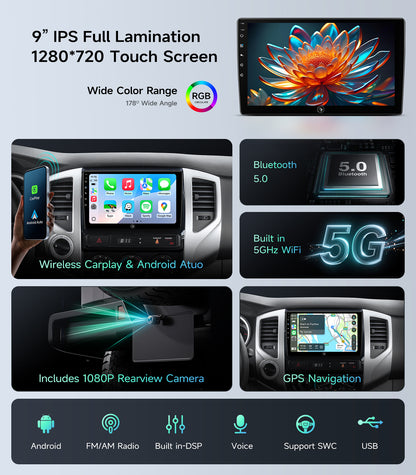 9" Android Car Radio Stereo for Toyota Tacoma 2005-2015 w/Wireless Car play and Wired Android Auto