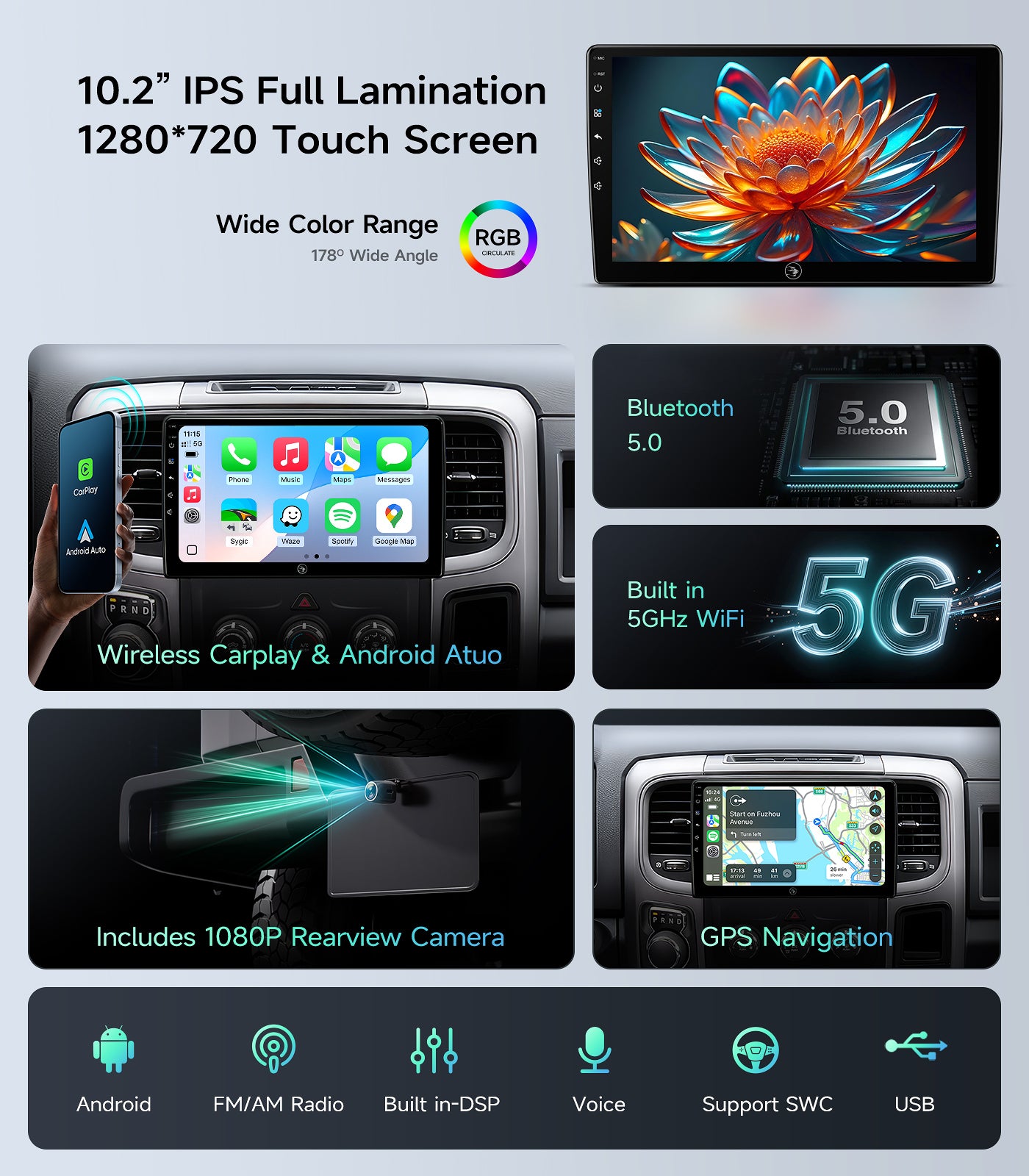 10.2" Car Radio Stereo for 2013-2018 Dodge Ram Pickup 1500 2500 3500 with Wireless Car play and Android Auto