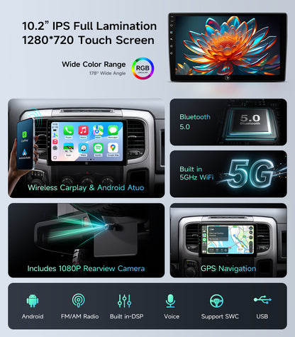 10.2" Car Radio Stereo for 2013-2018 Dodge Ram Pickup 1500 2500 3500 with Wireless Car play and Android Auto